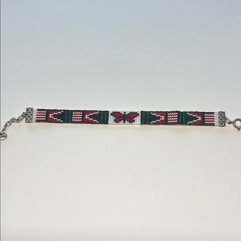 Geometric Red and Green Beaded Bracelet